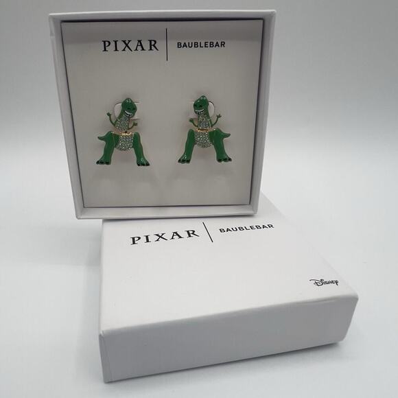 Disney Pixar BaubleBar Toy Story Rex Dinosaur Earrings Green Crystal Drop - Picture 5 of 5